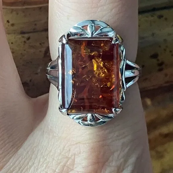 Natural Amber Sterling Silver Cocktail Ring Size 8 - Picture 1 of 10